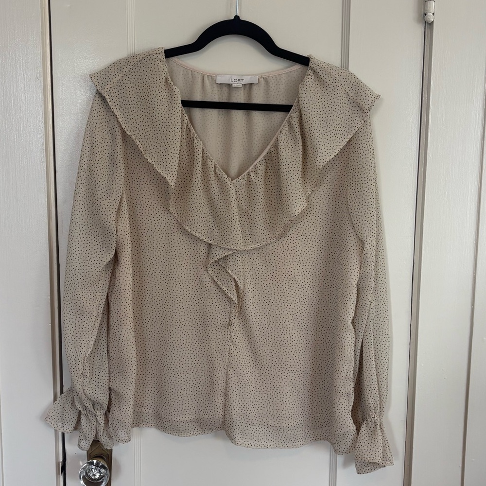 Loft Medium Cream & Black Polka Dot Ruffle Blouse